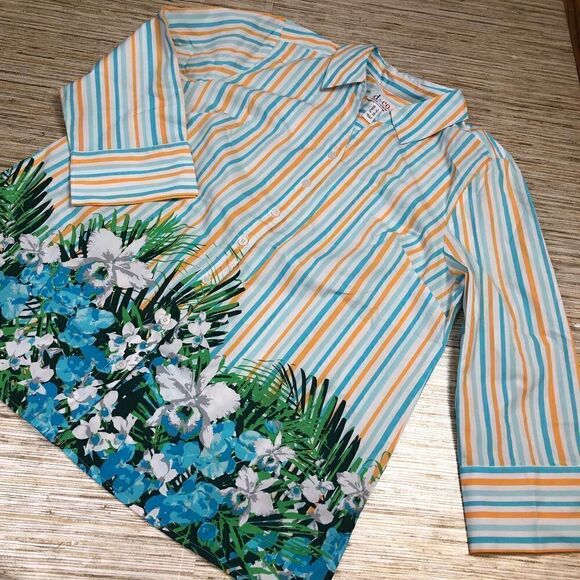 C-322  Denim & Co. Printed Button-Front Tunic with Flip Cuff AQUA MULTI sz L - Picture 1 of 1
